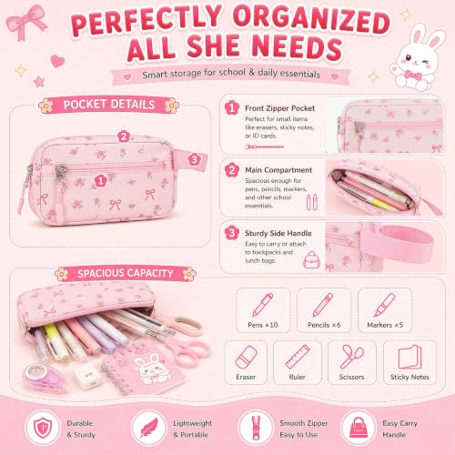 BTOOP Multi-Compartment Kids Backpack for Girls, 3PCS Cute Pink Bow School Backpack with Lunch Bag Pencil Case, Side Pocket Fits 40 oz Tumbler, Girls Bookbag for Elementary Middle School - color: Pink