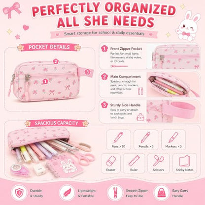 BTOOP Multi-Compartment Kids Backpack for Girls, 3PCS Cute Pink Bow School Backpack with Lunch Bag Pencil Case, Side Pocket Fits 40 oz Tumbler, Girls Bookbag for Elementary Middle School - color: Pink