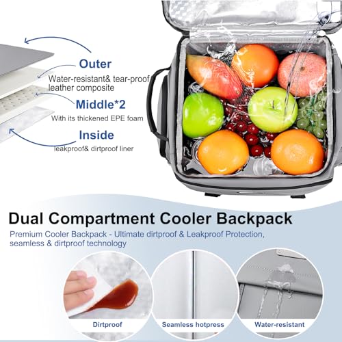 Weitars Insulated Cooler Backpack,Double Deck Waterproof Soft Cooler Bag,Backpack Coolers Leak Proof Lunch Backpack for Men Women for Travel,Camping,Picnic,Beach,Picnic,Outdoor 31L/52 Can - color: Gray