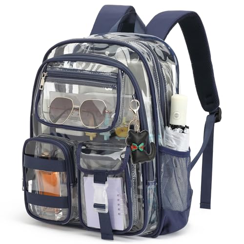 Clear Backpack for School Girls Boys Heavy Duty Transparent Backpack with Multiple Pockets, Lightweight PVC See Through Bookbag for Students-Navy Blue - color: Navy Blue