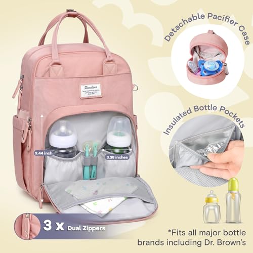RUVALINO Diaper Bag Backpack, Multifunction Travel Back Pack for Girls, Maternity Baby Changing Bags with Changing Pad for Mom, Large Capacity, Waterproof and Stylish, Pink - color: Pink