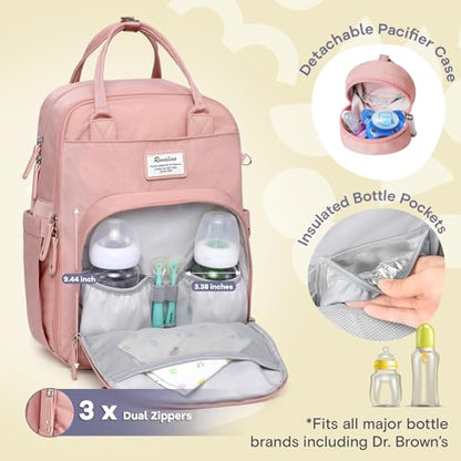 RUVALINO Diaper Bag Backpack, Multifunction Travel Back Pack for Girls, Maternity Baby Changing Bags with Changing Pad for Mom, Large Capacity, Waterproof and Stylish, Pink - color: Pink
