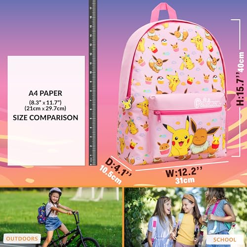 Pokemon Backpack for Kids Teens Boys Girls, Pikachu Anime Backpacks, Bag for Daycare Sports Vacation Travel, School Gift (Pink) - color: Pink