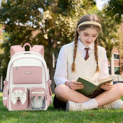 School Backpack for Girls 3PCS Nylon Kids Backpack Set with Lunch Box & Pencil Pouch, Cute Lightweight Teen Girls School Bag Laptop Bag Travel Daypack for Elementary Middle High School Beige Pink - color: Pink