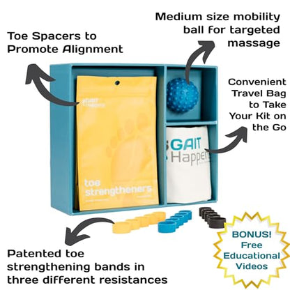 Gait Happens Foot Health Kit – Strengthen & Mobilize Your Feet. Includes: Toe Spacers, Toe Strengtheners, Massage Ball, Resistance Band and Carrying Bag - size: Medium