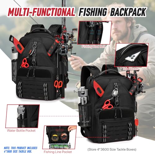 Fishing Tackle Backpack 26L with 4 Tackle Boxes 2 Rod Holders for Fishing Gears - size: 26L + 4 Tackle Boxes