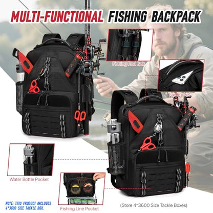 Fishing Tackle Backpack 26L with 4 Tackle Boxes 2 Rod Holders for Fishing Gears - size: 26L + 4 Tackle Boxes