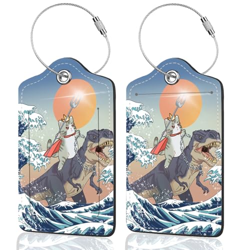 2Pack Luggage Tags for Suitcases, Cute Unique Pu Leather Cruise Luggage Tag with Privacy Cover ID Label Address Card and Metal Ring Suitable for Women Men Kids Travel Bag Dinosaurs and cats - color: Dinosaurs and Cats