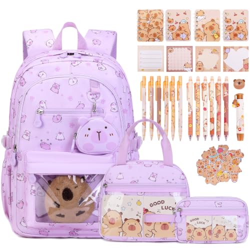 Capybara Theme Backpack for School Girls, 35PCS Kids Backpack Set with School Supplies Stationery Kit Lunch Box Pencil Case, Cute Girls Bookbag for Kindergarten Elementary Student - color: Purple
