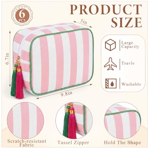 Kacctyen 6 Pack Light Pink and White Striped Makeup Bag bulk with Tassel Travel Cosmetic Pouch Organizer Large Zipper Toiletry Case for Women Aesthetic Storage Pouch Mahjong Tile Bag - color: Light Pink and White