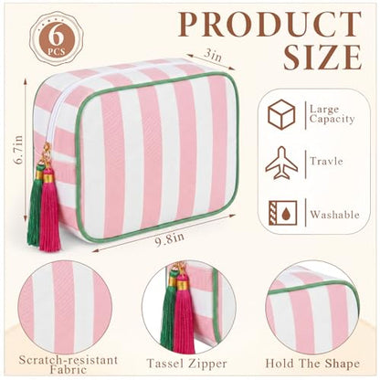 Kacctyen 6 Pack Light Pink and White Striped Makeup Bag bulk with Tassel Travel Cosmetic Pouch Organizer Large Zipper Toiletry Case for Women Aesthetic Storage Pouch Mahjong Tile Bag - color: Light Pink and White
