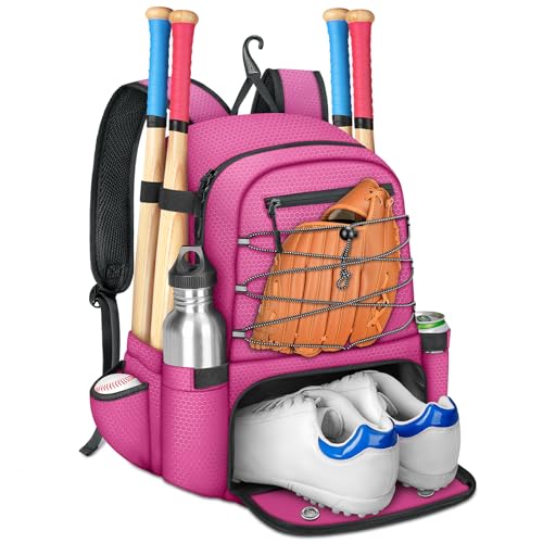 MATEIN Baseball Bat Bag for 4 Bats with Ball Pocket, Lightweight Youth Baseball Backpack with Shoe Compartment, Large Capacity Softball Equipment Bag with Fence Hook for TBall Gear, Helmet, Glove - color: Pink