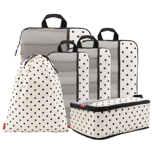 U+U 6 Set Compression Packing Cubes - Travel Organizers with Laundry Bag, Space-Saving Suitcase Organizer, Expandable Packing Organizers for Travel Essentials (Polka Dot) - color: Polka Dot-02, size: 6 Set