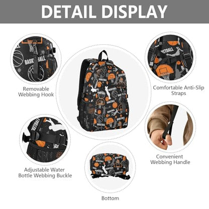 Basketball Rebounds Black Pattern Travel Backpack for Men Women Water Resistant 20L Large Capacity Laptop Backpack Fits 14 Inch Computer Tote Bag for Commute School College Business