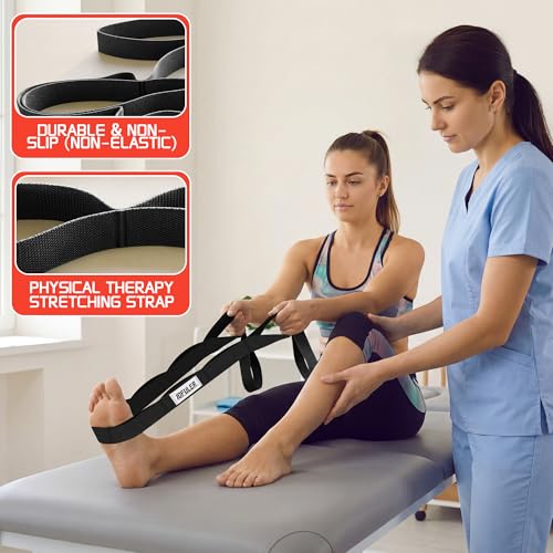 Stretching Strap for Physical Therapy and Home Rehab, 10 Loops Non-Elastic Yoga Strap for Hamstring, Calf and Back Stretching, Mobility, Exercise, Pilates, Flexibility - color: Black
