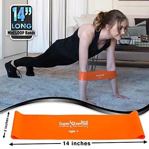 USA 14" x 3" Extra Long Latex Free Mini Loop Bands in 3, 5, 10 Pack Sets. 10 Strengths for Resistance Training, Stretching, Yoga, Toning. Plus an Exclusive iPhone App and E-Book. - color: i. Orange LIGHT+ Loop Band 10 Pack