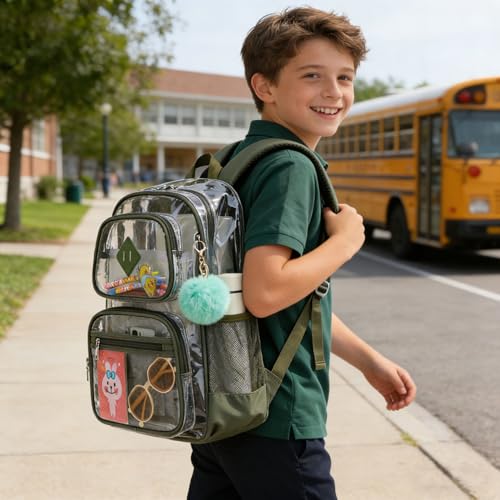 Heavy Duty Clear Backpack for Girls Boys Transparent School Bookbag Kids Durable PVC See Through Backpack-Army Green - color: Army Green