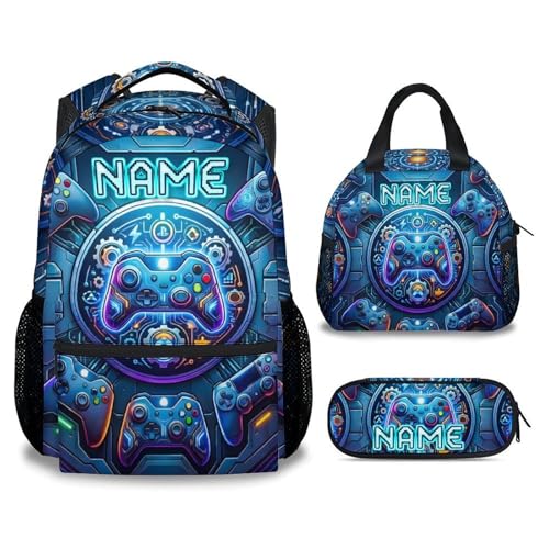 Personalized Backpack Set for Boys Gaming School Bag for Kids Teens Gamer - 17 Inch Large Capacity Custom Name Bookbag with Lunch Box for Elementary Middle School - color: Blue
