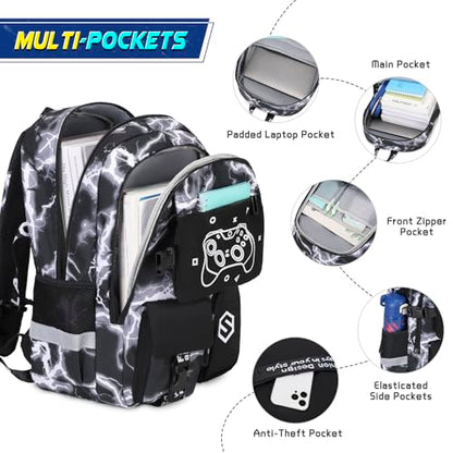Scothen Boys Backpack, Cool Luminous School Backpack with Lunch Bag Pencil Case, Kids Backpack Kindergarten Elementary Middle School Book Bags for Teen Boys Children with USB Charging Port - color: Black Lightning