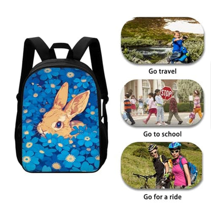Cute Rabbit Backpack for Girls Blue Hippie Flowers School Backpack with Lunch Bag Pencil Case and Water Bottle Holder Kids Daypack Novelty School Bags for Elementary Middle School - color: Cute Rabbit Blue Hippie Flowers