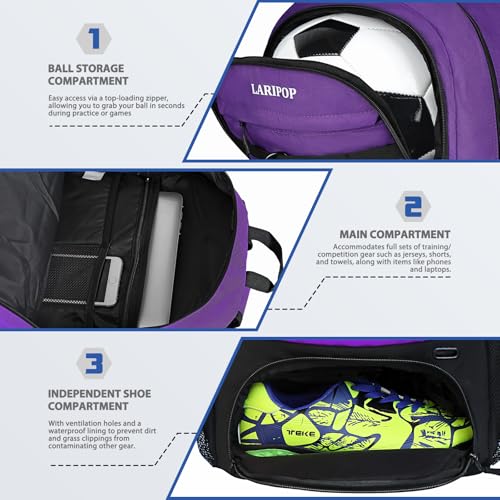 LARIPOP Soccer Backpack with Ball Holder & Shoe Compartment Large Capacity Sports Bag for Training - color: purple