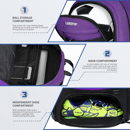 LARIPOP Soccer Backpack with Ball Holder & Shoe Compartment Large Capacity Sports Bag for Training - color: purple