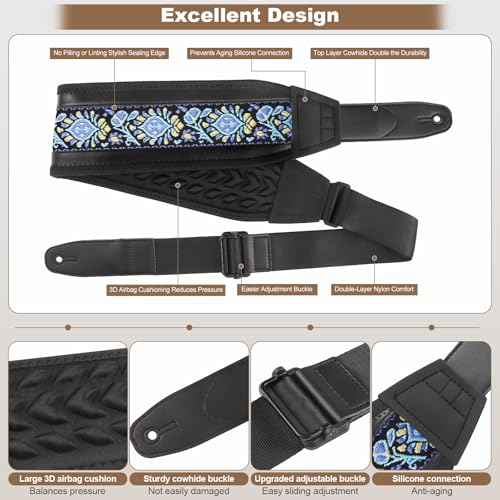 Guitar Strap and Bass Strap, Embroidery Guitar Strap, Adjustable Strap Length, Equipped with 3D Sponge Filled Foam Pad, Comes with 4 Picks + 2 Strap Locks, Best Gift for Guitar Players, Blue Flower - color: Blue Flower