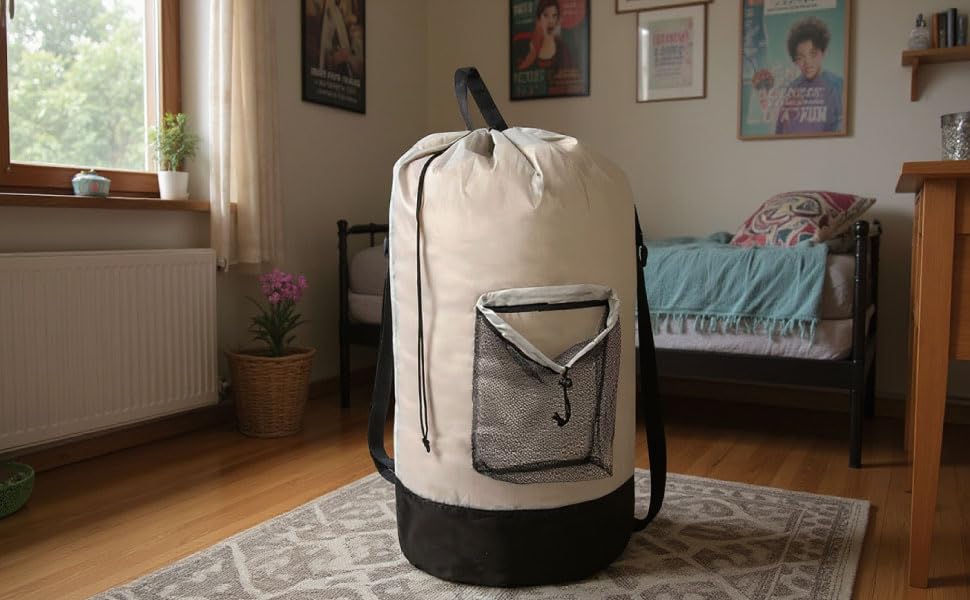 Laundry Bag Backpack with Shoulder Straps and Mesh Pocket Laundry Backpack Large Portable Laundry Hamper for College Laundromat Apartment with Drawstring Closure, Adjustable Back Straps (Khaki) - color: Khaki