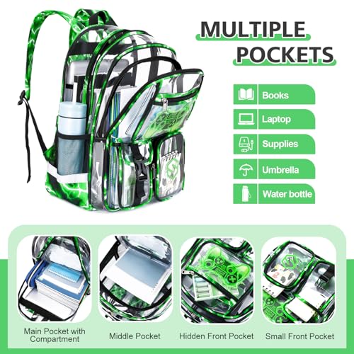 DIGOBAY 3PCS Cool Luminous Clear Backpack for Boys Kids, Gamer Clear Bookbag for School, See Through PVC Transparent Backpacks with Lunch Bag Pencil Case, Backpack Heavy Duty for School Stadium - color: Green Lightning