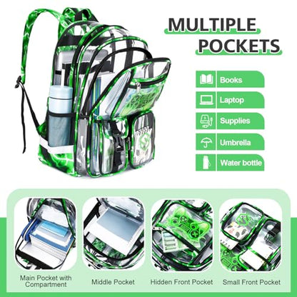 DIGOBAY 3PCS Cool Luminous Clear Backpack for Boys Kids, Gamer Clear Bookbag for School, See Through PVC Transparent Backpacks with Lunch Bag Pencil Case, Backpack Heavy Duty for School Stadium - color: Green Lightning