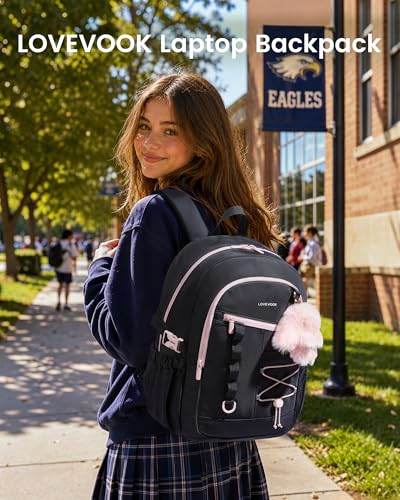 LOVEVOOK School Backpack for Girls, Large Capacity 16 Laptop Backpack with Insulated Lunch Box & Tumbler Pockets, Multi-Compartment Bookbag, Water-Resistant Travel Backpack, Black Pink - color: Black Pink Lunch