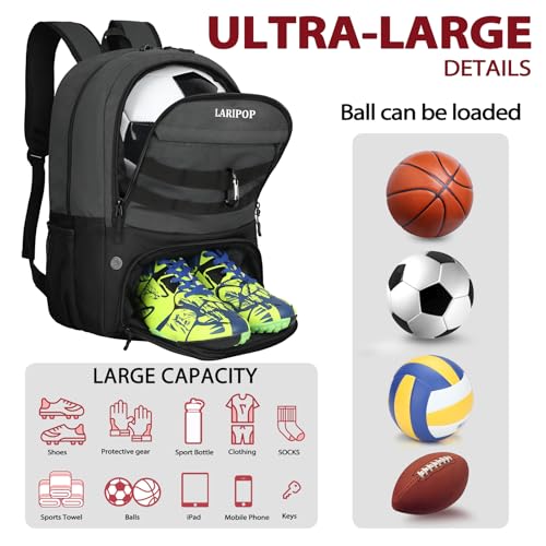 LARIPOP Soccer Backpack with Ball Holder & Shoe Compartment Large Capacity Sports Bag for Training - color: Dark Grey