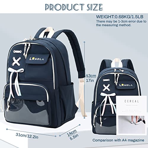 Lanola Teen Girl School Backpack Casual Daypack Bookbag Elementary College Travel Backpack with Cute Ribbon for Girls - color: Dark Blue