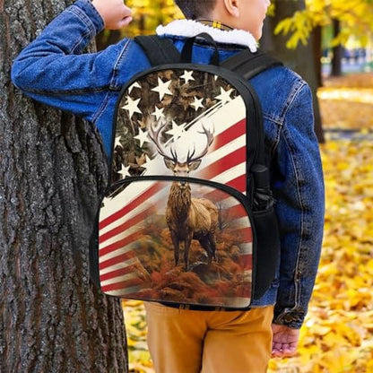 Talayituse Deer American Flag Print Kids School Backpack with Laptop Compartment Casual Travel Daypack Rucksack for Girls Boys, Lightweight 17 Inch Schoolbag Knapsack Shoulder Bag for Outdoors Travel - color: Deer American Flag