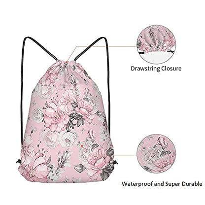 Pink Floral Print Polyester Drawstring Backpack, Unisex, 14x16.9 Inch, Modern Style, Soft Shell, Rectangular Shape, Shoulder Strap, Waterproof, Perfect for Travel, Work, School, Gym - color: Multi-a94