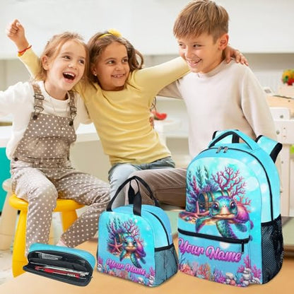 Mercuryelf Custom Girls Backpack Sea Turtle 3PCS Kids Backpack Set with Lunch Bag & Pencil Case, 17 Inch Water Resistant School Bookbag - color: Brown