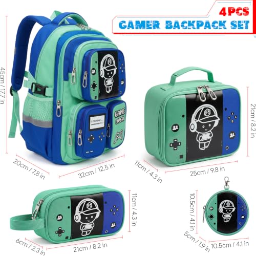 Boys Backpack, Luminous Gamer Backpack for Boys with Lunch Box,Pencil Case and Coin Puese,Kids Schoolbag Bookbag for Teen Boy Elementary Middle High School Travel(Green-Blue) - color: Green-blue