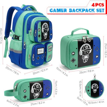 Boys Backpack, Luminous Gamer Backpack for Boys with Lunch Box,Pencil Case and Coin Puese,Kids Schoolbag Bookbag for Teen Boy Elementary Middle High School Travel(Green-Blue) - color: Green-blue