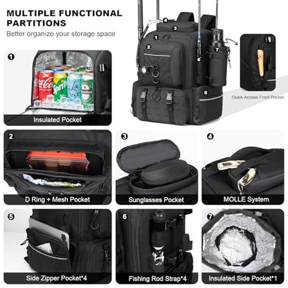 WANOON 45L Fishing Backpack | Waterproof, Insulated Bait Pocket, 4 Rod Holders, Easy-to-Clean Cooler Liner - color: Black, size: 45L-Without Tackle Boxes