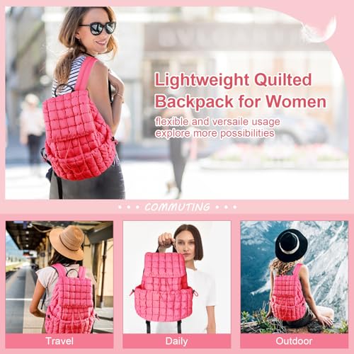 XSUIOY Quilted Backpack Purse for Women Small Lightweight Puffer Puffy College Laptop Backpack Nylon Casual Bookbag Daypack Top Flap Drawstring Padding Hiker Travel Gym Backpack(Rosered) - color: Rosered