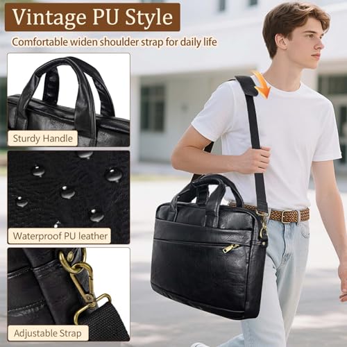 Faux Leather Messenger Bag for Men 17-17.3 Inch: Laptop Bag Briefcase Computer Handbags Shoulder Crossbody Bag with Padded Laptop Sleeve for Work College Travel, PU Black - color: Pu Black