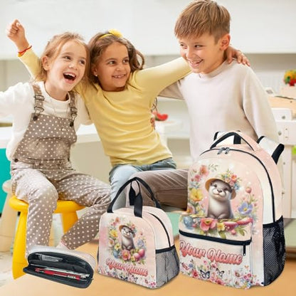 Mercuryelf Personalized Backpack for Girls, Otter 3PCS Kids Backpack Set with Lunch Bag & Pencil Case; 17 Inch Water Resistant School Bookbag for Elementary Kindergarten - color: Pink