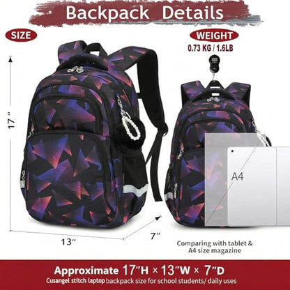 Cusangel kids Backpack for School Boys Girls 6-12ages,16in Bookbag Stitch,durable Water Resistant,7 Pockets, Adjustable Chest Strap,Reflective Strip,Large For Travel,Gifts(Black Purple) - color: Black Purple-17in
