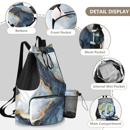 Drawstring Backpack For Swim Gym Swim Bag With Water Bottle Holder Pull String Back Pack Waterproof Marble White Navy Blu - color: Color 14