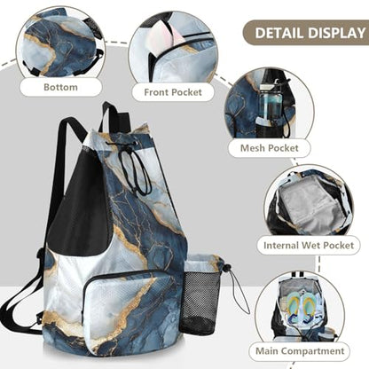 Drawstring Backpack For Swim Gym Swim Bag With Water Bottle Holder Pull String Back Pack Waterproof Marble White Navy Blu - color: Color 14