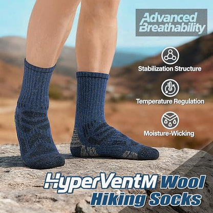 ANTSANG Merino Wool Hiking Socks, Enhanced Breathability, Targeted Cushion Thermal Socks for Men and Women, 5 Pairs - color: Blue/Brown/Black, size: Medium