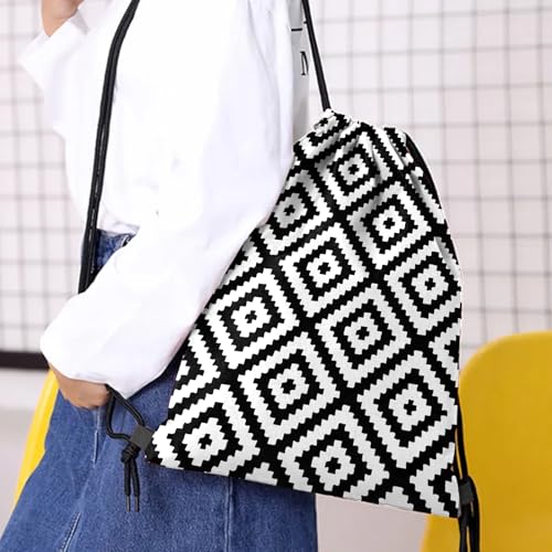 Drawstring Backpack Draw String Bag Waterproof for Sports Gym Beach Travel Cute Aesthetic Sackpack Men Women (13"×17")-Black Rhombus - color: S-20-black