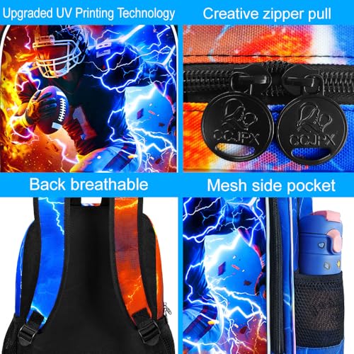 AGSDON 3PCS Boys Backpack for Boys, 17" Kids Bookbag with Lunch Box for Boy,Rugby Flame Thunder Backpacks Water Resistant and Lightweight for Teen - color: Rugby 01