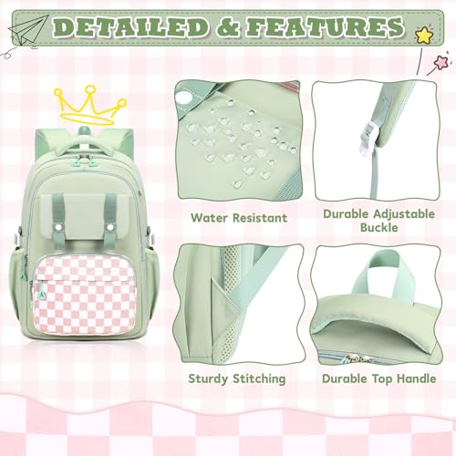 MUSEVOS Girls Backpack, Ideal School Backpack for Girls from Elementary to Teen Years, Kawaii Bookbag Cute Large Capacity, Checkered, Green - color: Green