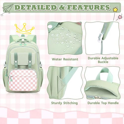 MUSEVOS Girls Backpack, Ideal School Backpack for Girls from Elementary to Teen Years, Kawaii Bookbag Cute Large Capacity, Checkered, Green - color: Green